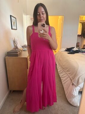 NIC+ZOE Fuchsia sleeveless linen jumpsuit wide leg with tie belt size 12